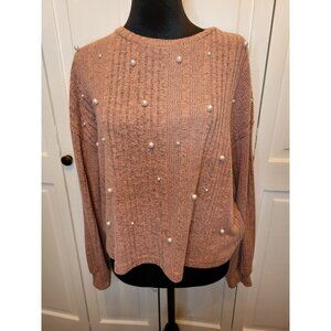 Pink Heather Ribbed Oversized  Cropped Sweater Pearls Shein L Glam Balletcore